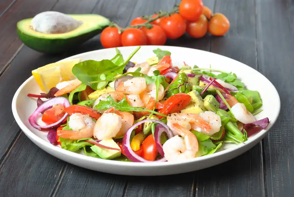 shrimp, avocado, and egg chopped salad